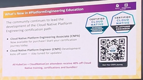 Keynote slide about the CNCF Cloud Native Platform Engineering Associate and Engineer certifications with a 40 percent discount for attendees