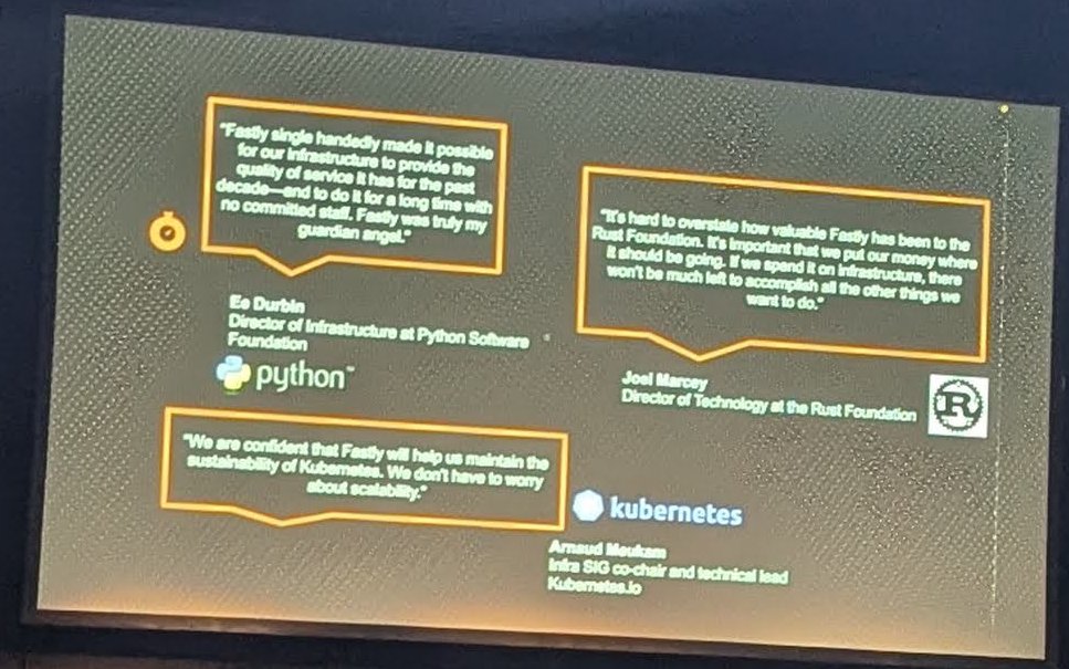 Slide with three quotes from the Python Software Foundation, the Rust Foundation and the Kubernetes infrastructure SIG about Fastly's support