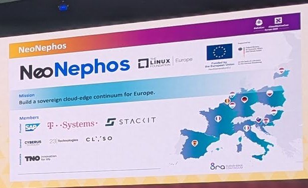 Keynote slide for NeoNephos, a Linux Foundation Europe initiative to build a sovereign cloud-edge continuum for Europe, with a map and member logos