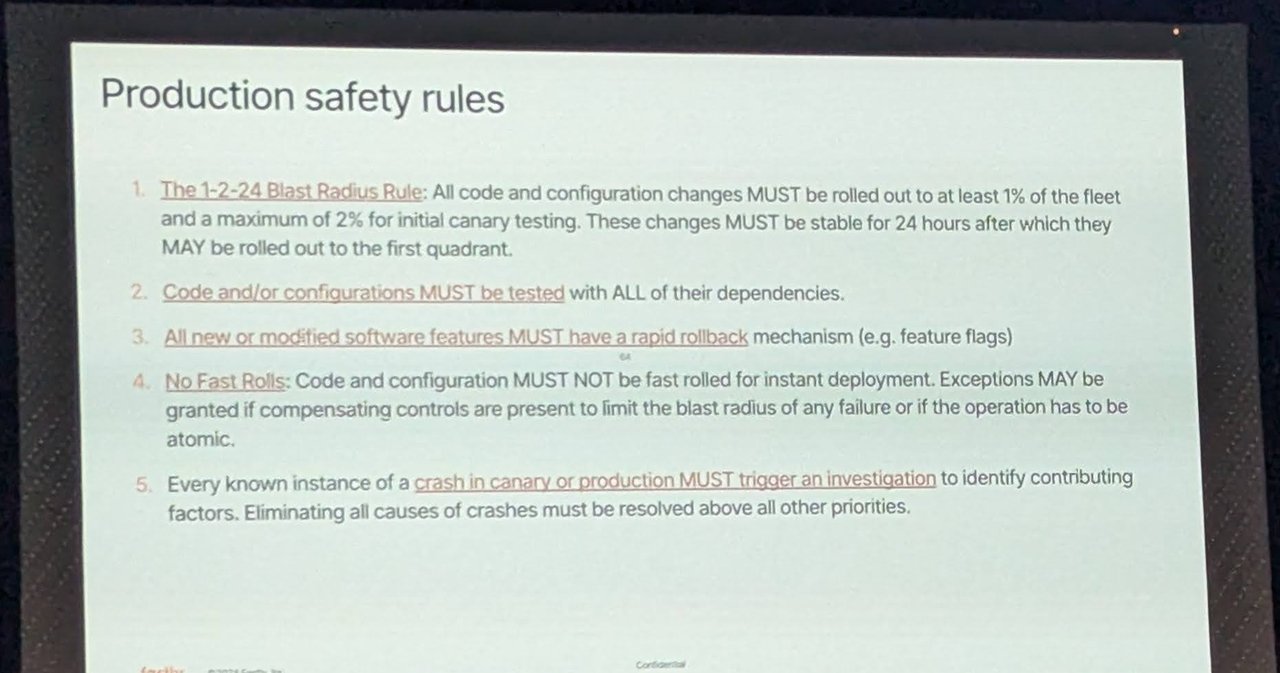 Slide titled Production safety rules with five rules: the 1-2-24 blast radius rule, test with dependencies, rapid rollback, no fast rolls, investigate every crash