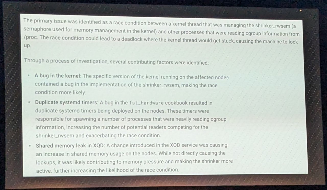 Slide with a postmortem summary: a race condition on shrinker_rwsem with cgroup readers in /proc, plus three contributing factors