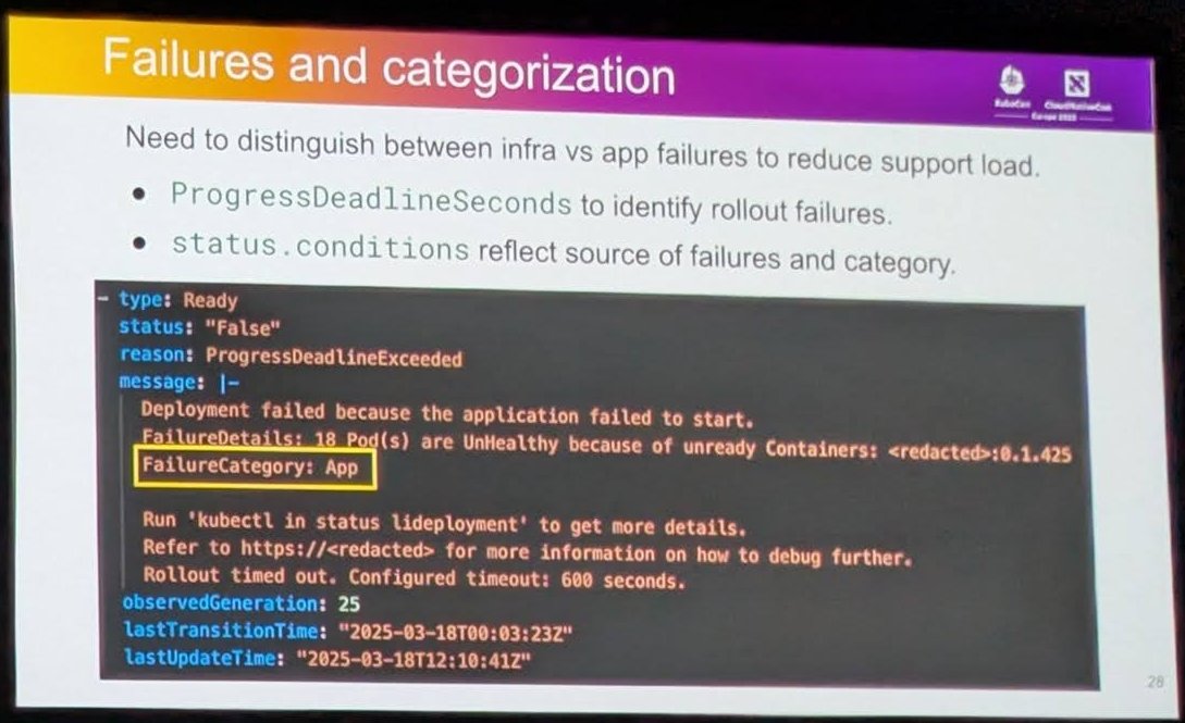 Slide Failures and categorization showing a Deployment status condition with ProgressDeadlineExceeded and FailureCategory App