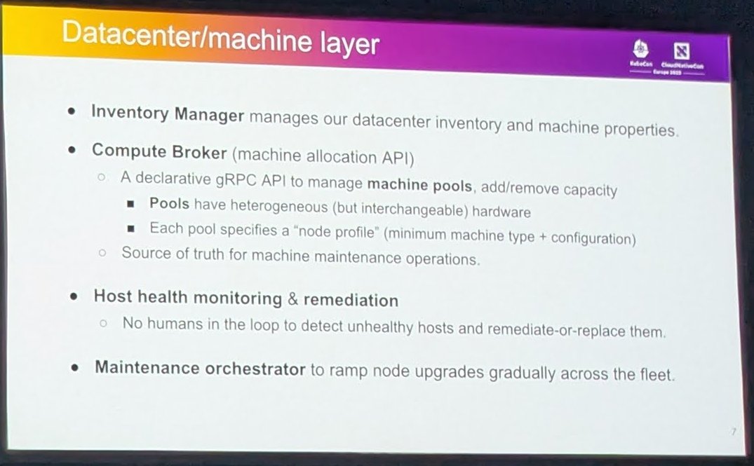 Slide Datacenter/machine layer describing the Inventory Manager, Compute Broker machine pools, host health remediation and maintenance orchestrator