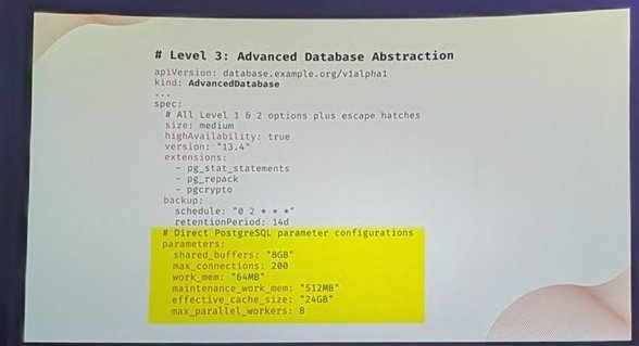 A YAML slide titled Level 3 Advanced Database Abstraction with extensions, backup settings and a highlighted block of direct PostgreSQL parameters