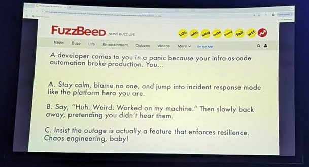 A FuzzBeed-style quiz slide at Platform Engineering Day asking how to react when infrastructure-as-code automation breaks production