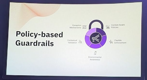 Slide titled Policy-based Guardrails with a padlock and five labels: exception mechanisms, context-aware policies, contextual validation, flexible enforcement, environmental awareness