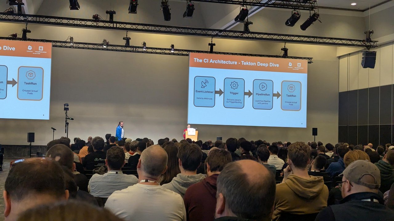 A KubeCon Europe 2026 session slide titled The CI Architecture, Tekton Deep Dive, showing Event Listener, Trigger, PipelineRun and TaskRun as a flow