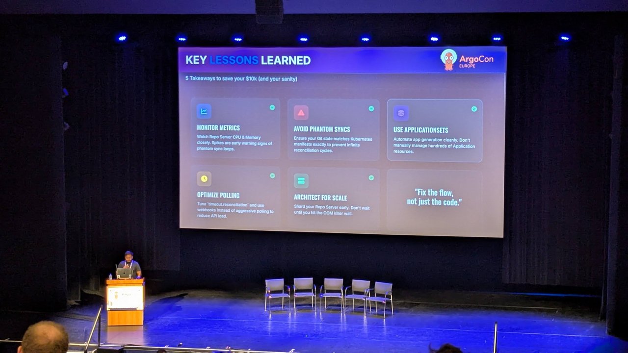 ArgoCon Europe 2026 Key Lessons Learned slide: monitor metrics, avoid phantom syncs, use ApplicationSets, optimise polling, architect for scale, and fix the flow, not just the code