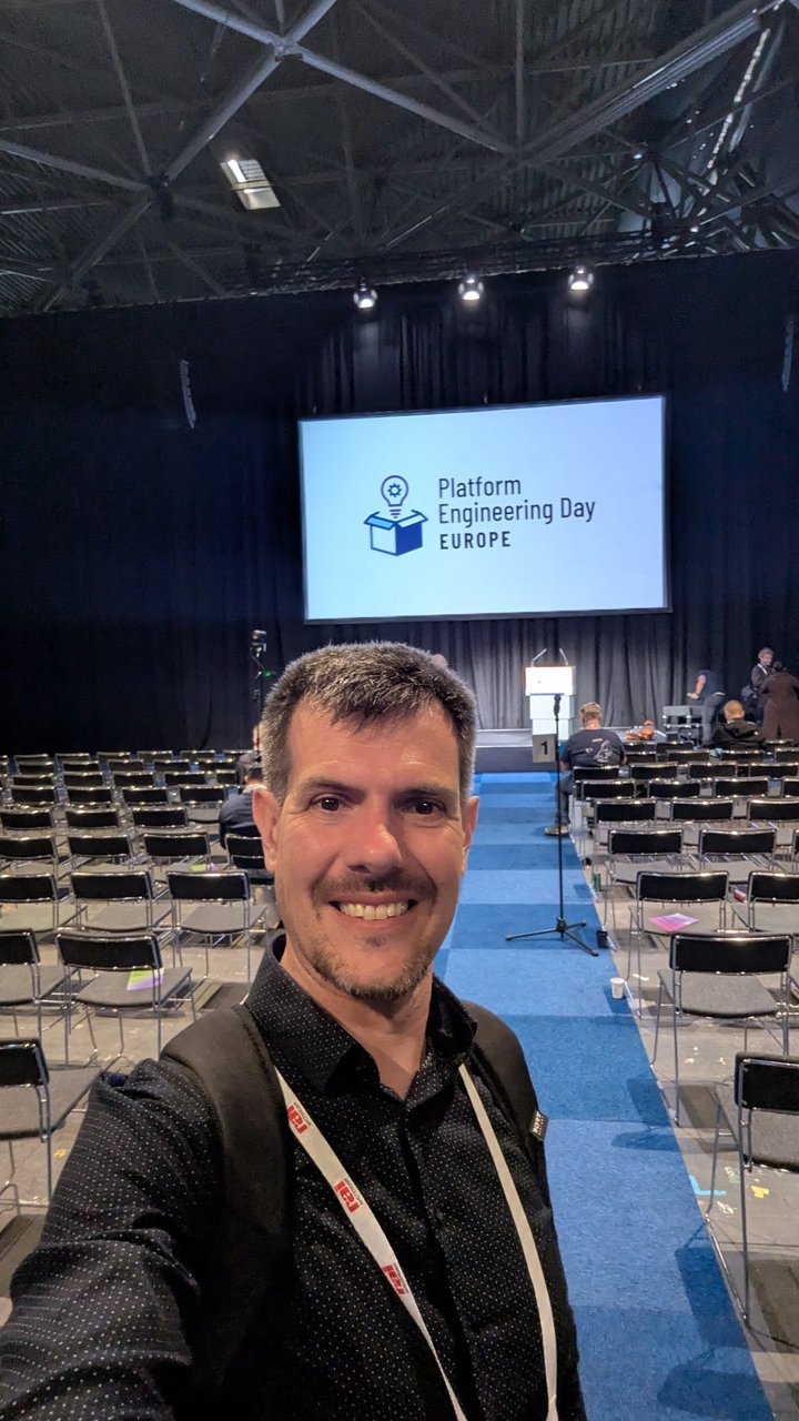 Luca Berton in the main room of Platform Engineering Day Europe 2026 at RAI Amsterdam before the sessions start