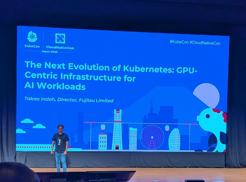 The Fujitsu keynote title slide The Next Evolution of Kubernetes: GPU-Centric Infrastructure for AI Workloads by Takao Indoh, Director, Fujitsu Limited