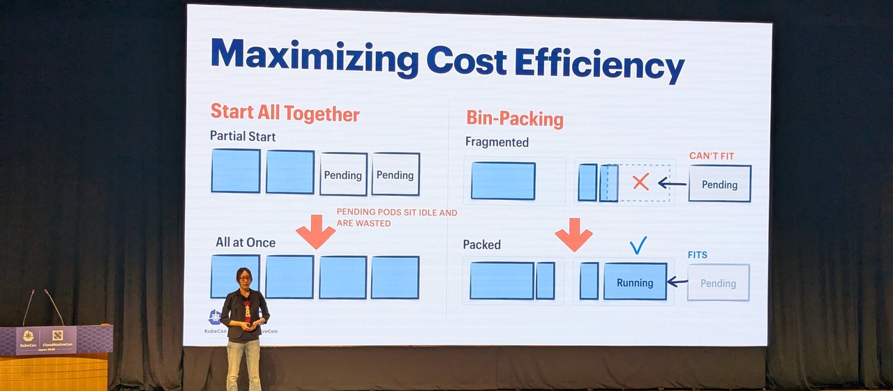Preferred Networks slide Maximizing Cost Efficiency comparing partial start with all-at-once start, and fragmented with packed bin-packing, with the speaker on stage