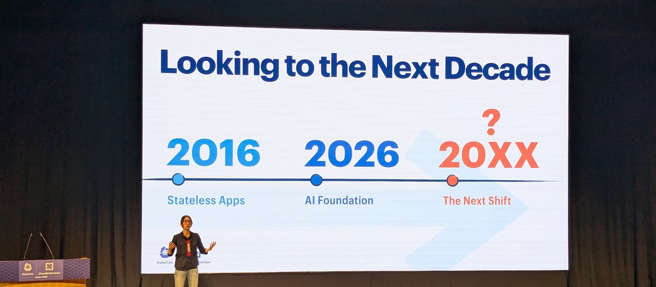 Preferred Networks slide Looking to the Next Decade with a timeline of 2016 stateless apps, 2026 AI foundation and 20XX the next shift
