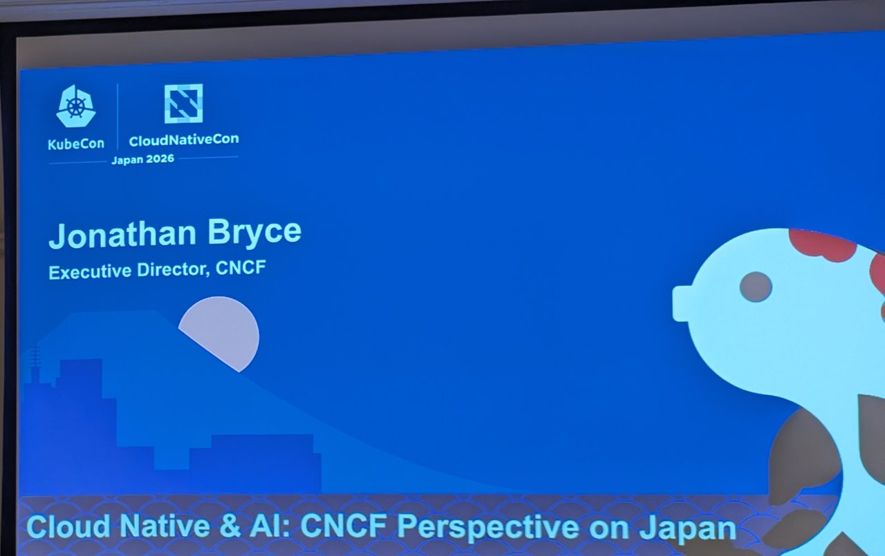 Title slide Cloud Native and AI: CNCF Perspective on Japan, Jonathan Bryce, Executive Director, CNCF, at the KubeCon Japan 2026 press conference