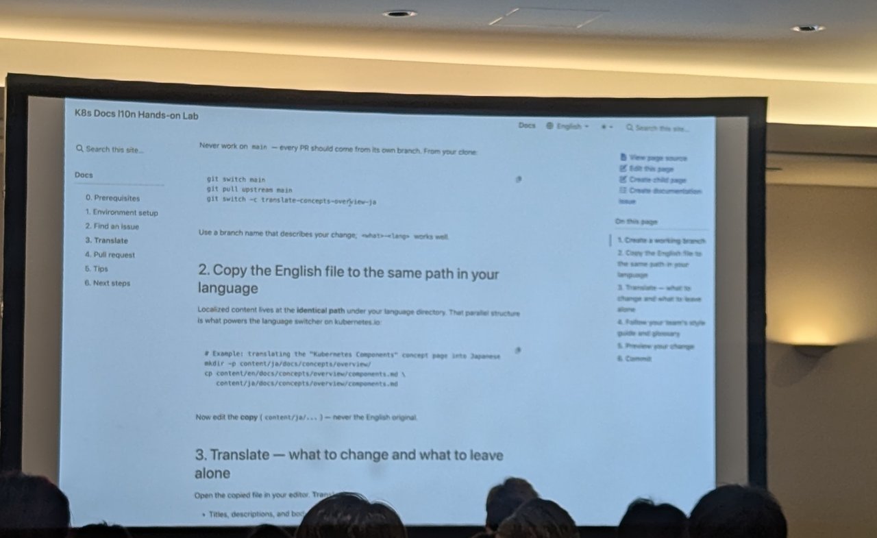A projected Kubernetes documentation localization hands-on lab page with steps to copy the English file and translate it