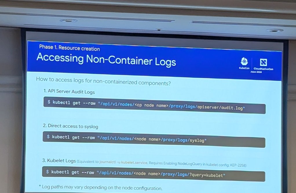 Lightning talk slide Accessing Non-Container Logs with kubectl get raw commands for audit log, syslog and kubelet logs