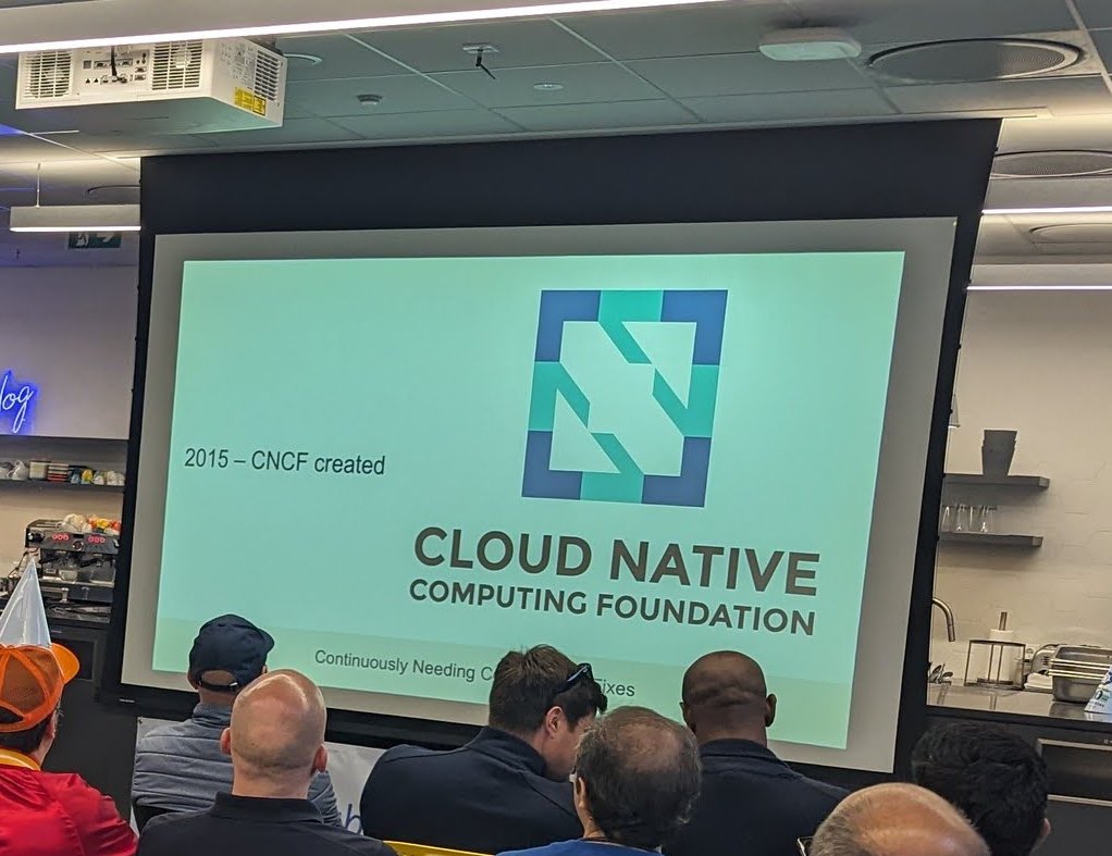 A timeline slide reading 2015 CNCF created next to the Cloud Native Computing Foundation logo