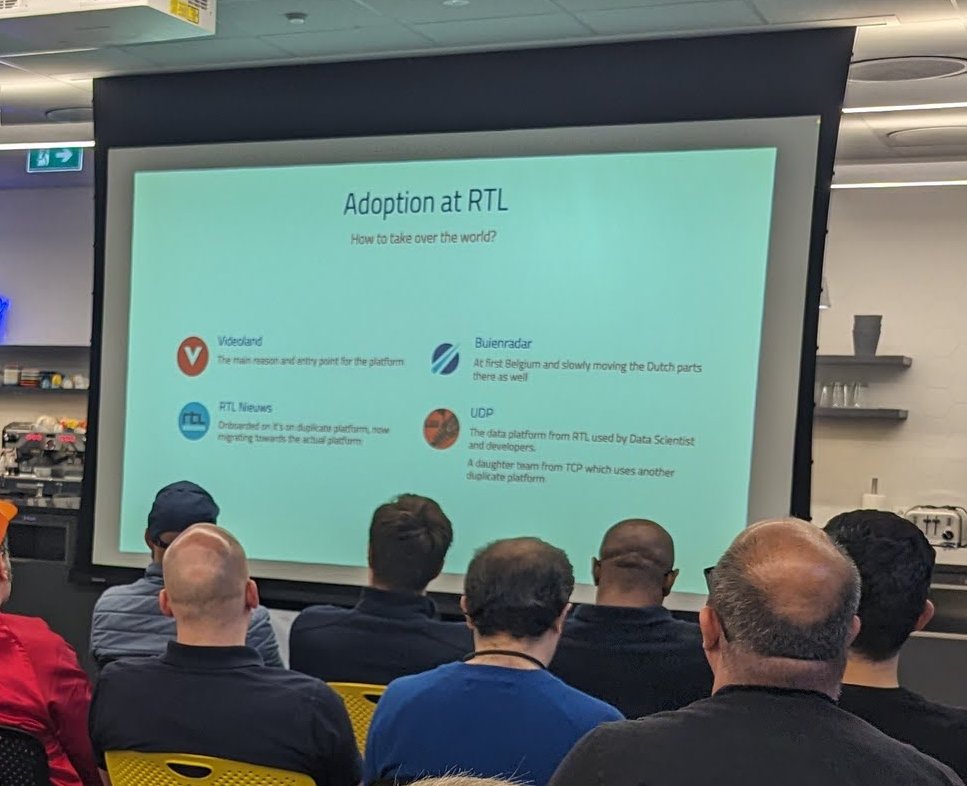 A slide titled Adoption at RTL, How to take over the world, with four tiles for Videoland, Buienradar, RTL Nieuws and a data platform