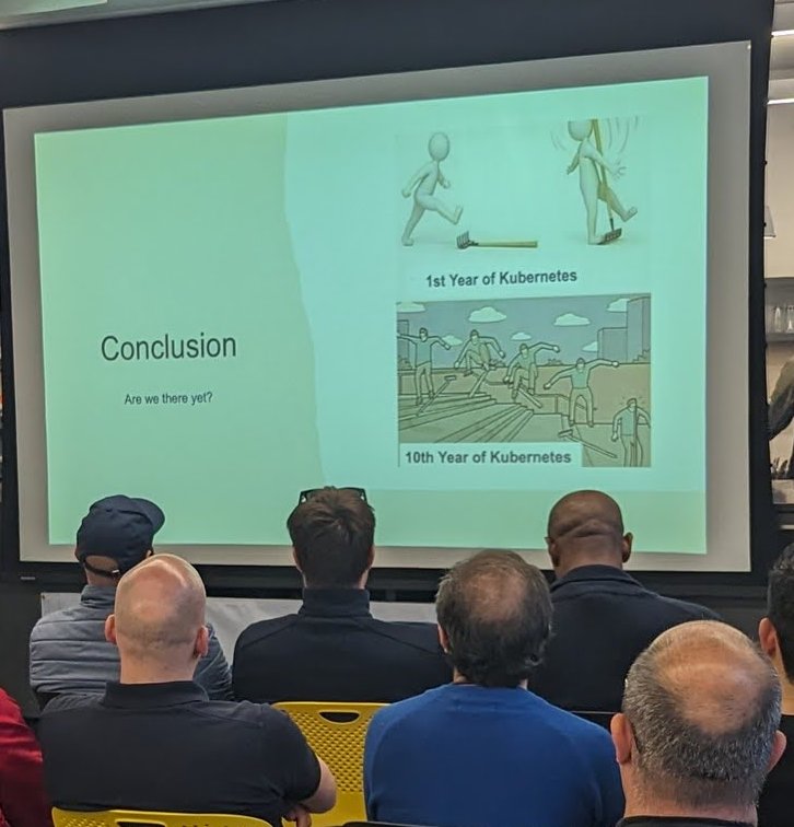 The Conclusion slide, with the question Are we there yet and two cartoons labelled 1st Year of Kubernetes and 10th Year of Kubernetes