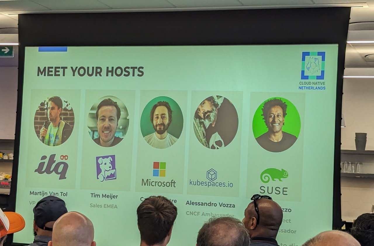 The Meet your hosts slide with the Cloud Native Netherlands logo and five host organisations: ITQ, Datadog, Microsoft, kubespaces.io and SUSE