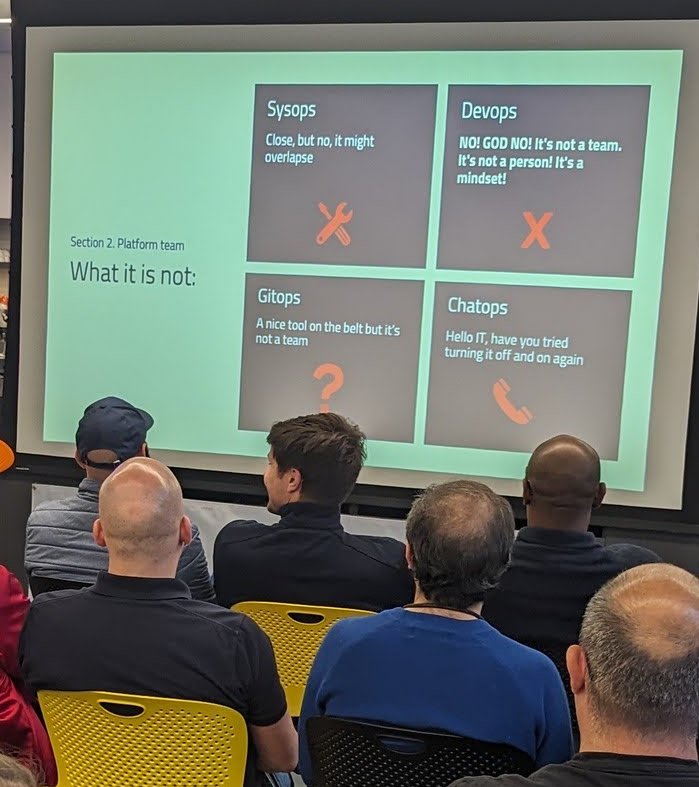 A slide titled Platform team: What it is not, with four boxes for Sysops, Devops, Gitops and Chatops
