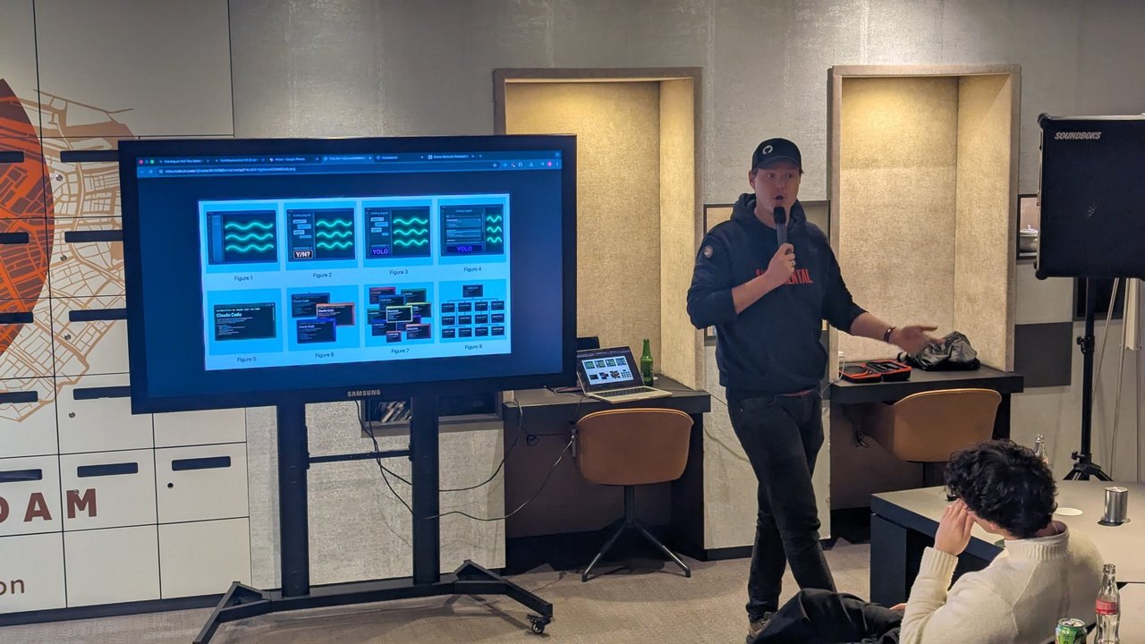 A speaker presenting a grid of eight figures showing coding agents from Y/N approval to YOLO mode to multiple Claude Code sessions