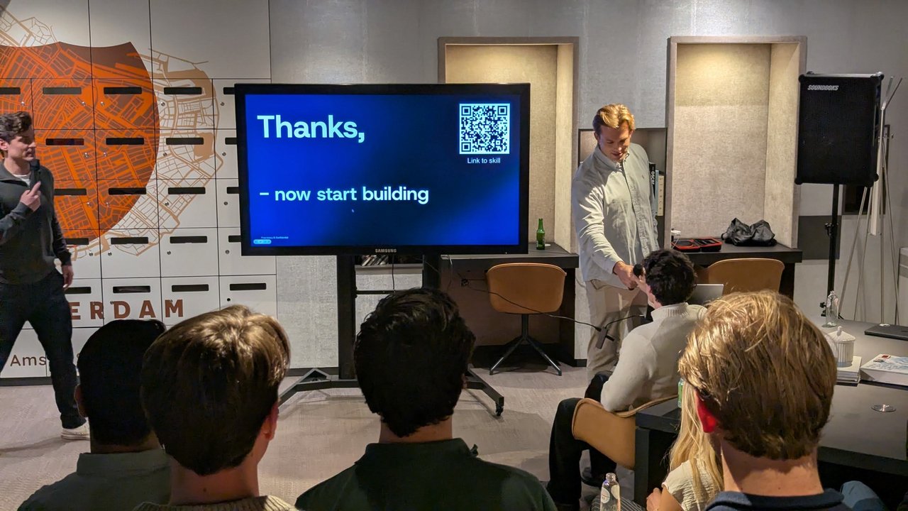 The closing slide reading Thanks, now start building, with a QR code labelled Link to skill