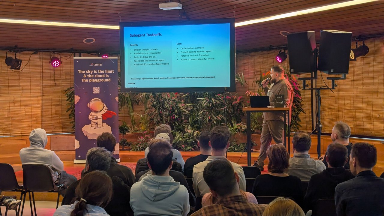 A Coder slide titled Subagent Tradeoffs listing benefits such as parallelism and costs such as context-passing, with the line "If reasoning is tightly coupled, keep it together. Decompose only when subtasks are genuinely independent."
