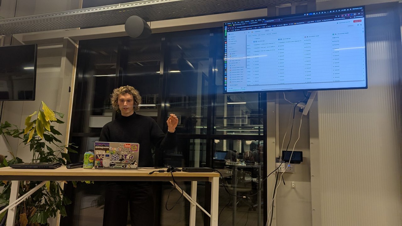 An orq.ai experiment starting at AI Tinkerers Amsterdam, with rows of airline customer-service questions queued against old and new prompts on GPT and Claude