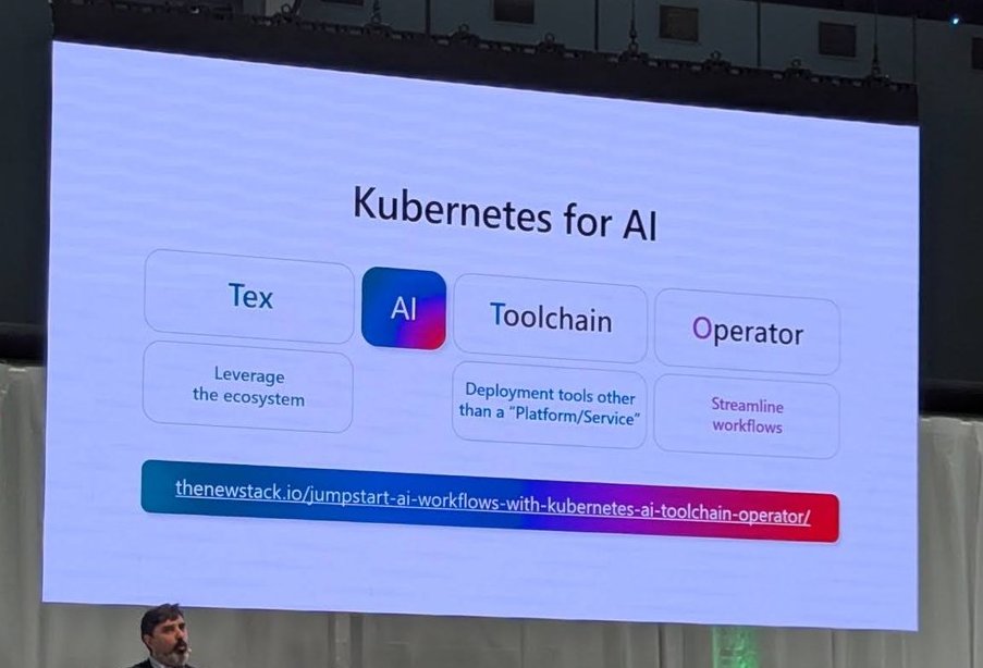 Slide titled Kubernetes for AI with tiles for Text, AI, Toolchain and Operator and a link to a New Stack article about the Kubernetes AI toolchain operator
