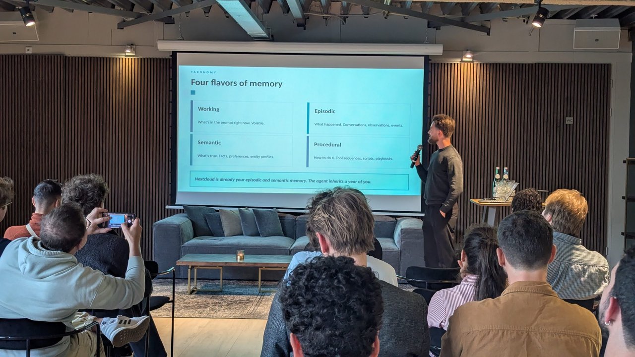 A slide titled Four flavors of memory: working, episodic, semantic and procedural, with the speaker pointing at it