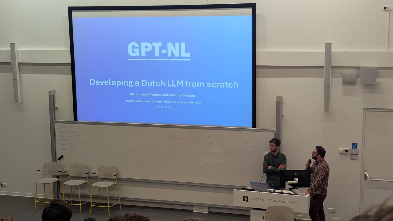 GPT-NL title slide, Developing a Dutch LLM from scratch, by Athanasios Trantas and Martino Mensio at the MLOps Community Amsterdam AI Strategy and Sovereignty Special, with both speakers at the lectern