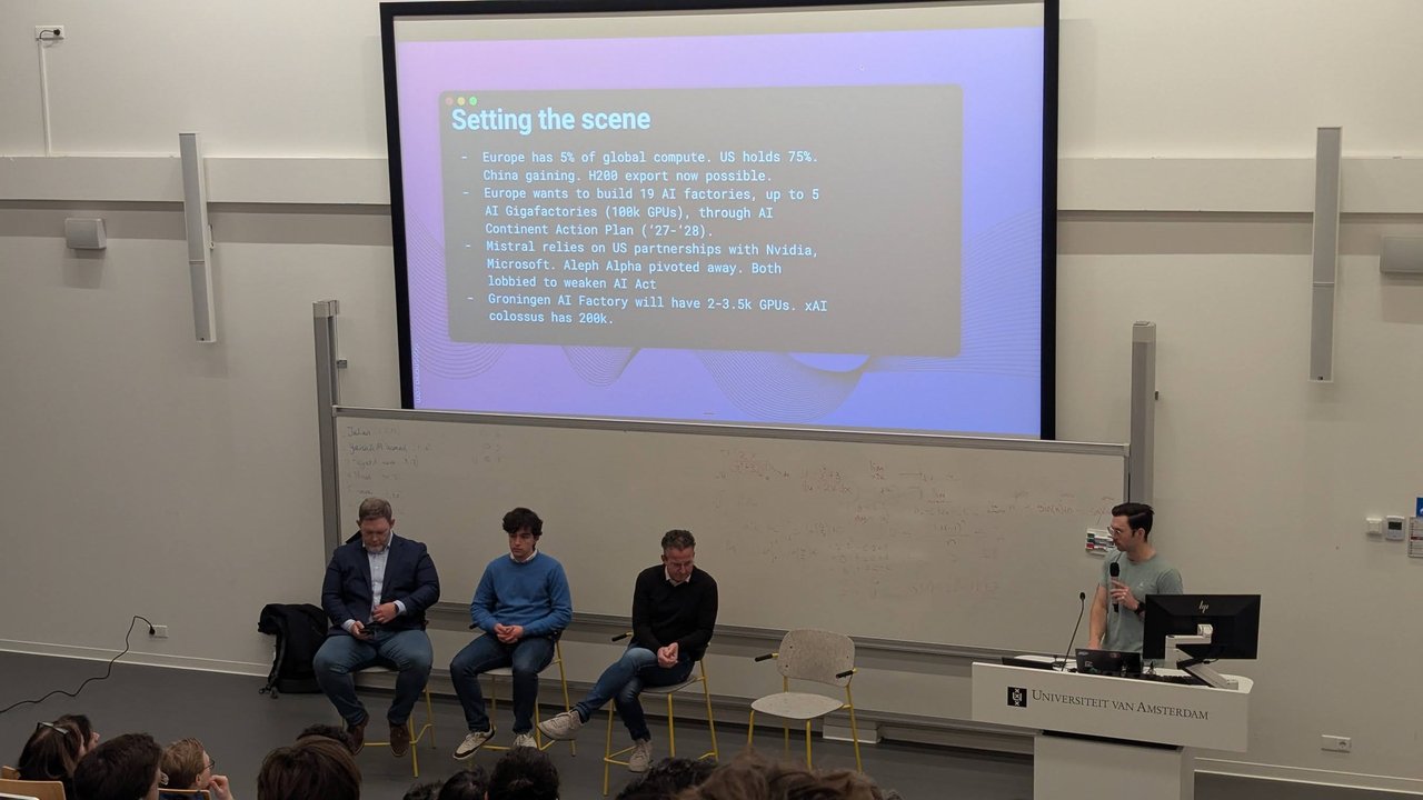 Setting the scene slide on European AI compute, AI gigafactories, Mistral and Aleph Alpha, and the Groningen AI Factory, above the first panel