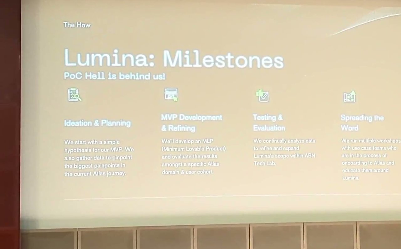 Slide titled Lumina Milestones with four stages: ideation and planning, MVP development and refining, testing and evaluation, spreading the word