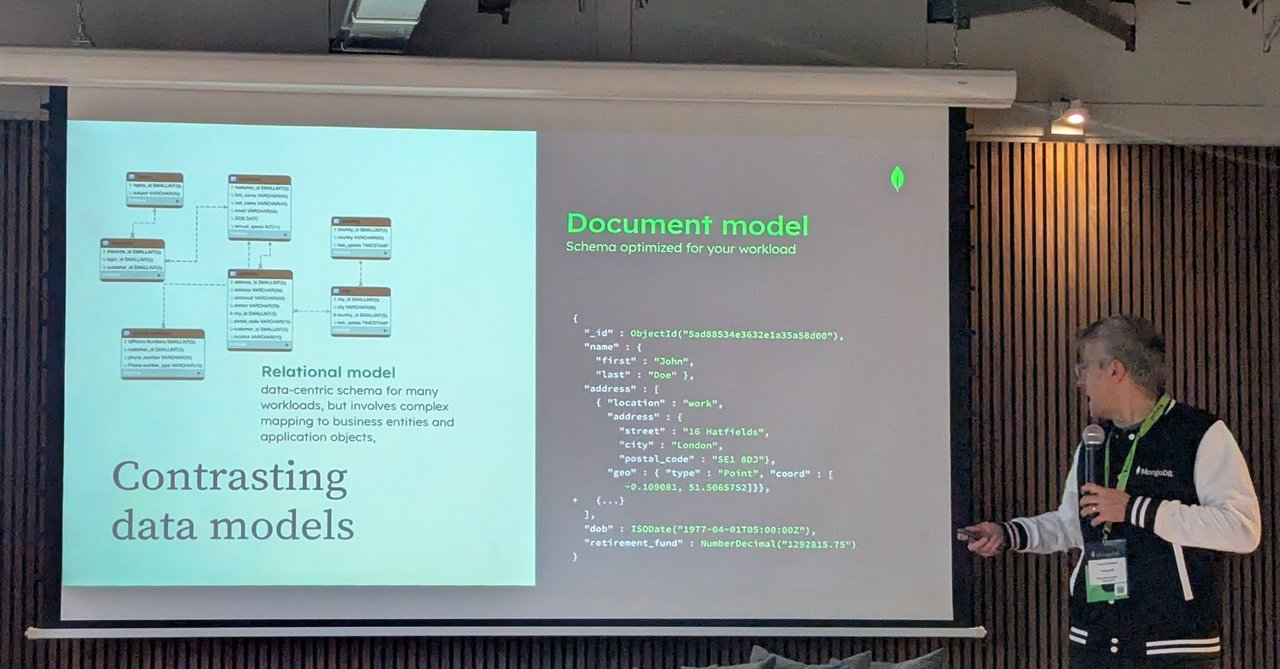 Slide titled Contrasting data models, with an entity-relationship diagram labelled Relational model on the left and a JSON customer document labelled Document model, schema optimized for your workload, on the right, presented by the workshop speaker