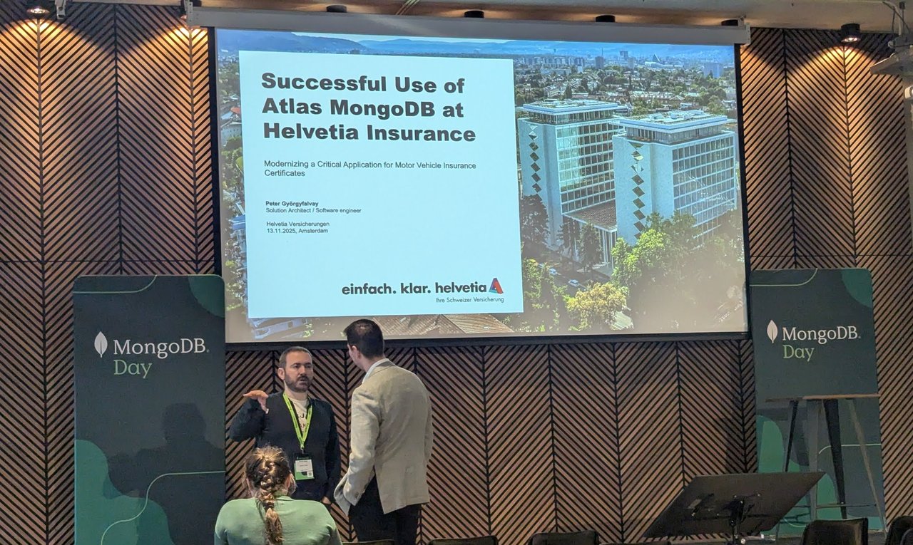 Title slide reading Successful Use of Atlas MongoDB at Helvetia Insurance: Modernizing a Critical Application for Motor Vehicle Insurance Certificates, with the Helvetia logo, between MongoDB Day banners