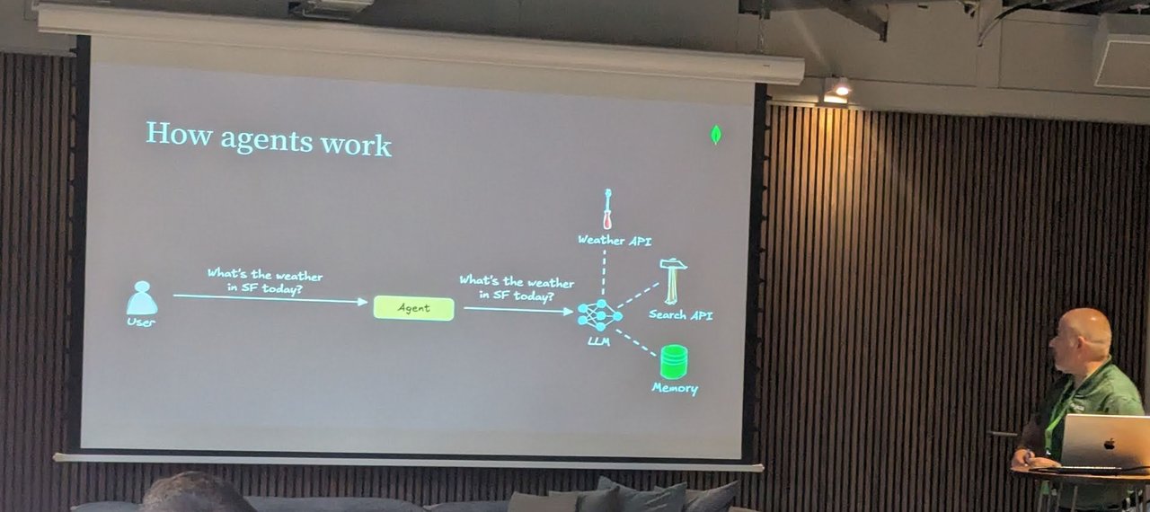 Slide titled How agents work, showing a user asking What's the weather in SF today? to an agent, which passes it to an LLM connected to a weather API, a search API and memory
