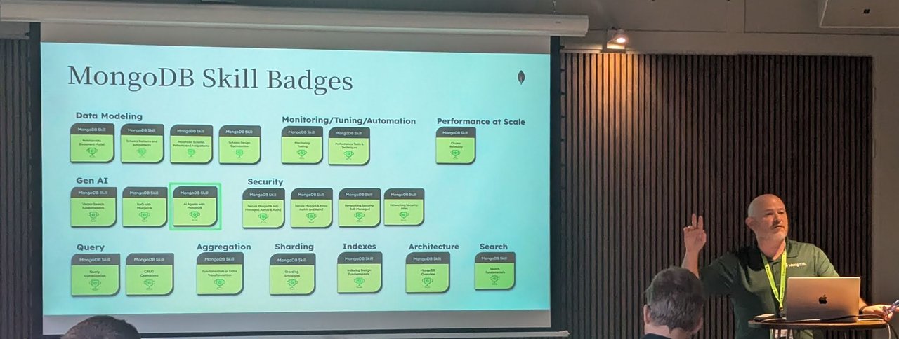 Slide titled MongoDB Skill Badges, with badge tiles grouped under Data Modeling, Monitoring/Tuning/Automation, Performance at Scale, Gen AI, Security, Query, Aggregation, Sharding, Indexes, Architecture and Search