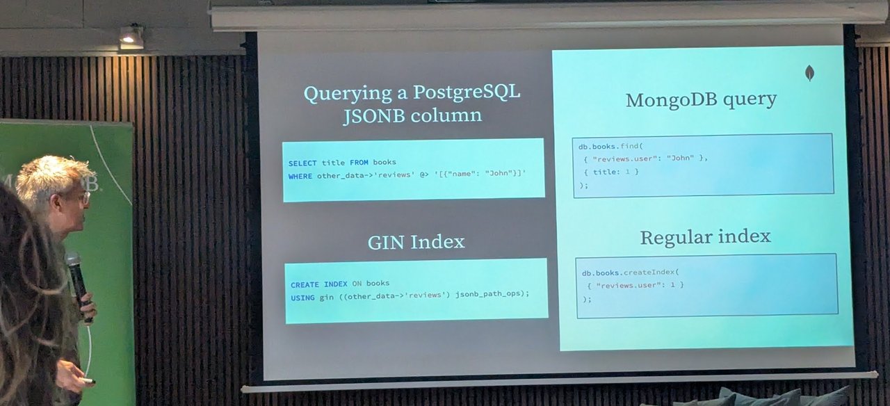 Slide comparing Querying a PostgreSQL JSONB column and a GIN index with jsonb_path_ops on the left against a MongoDB find query on reviews.user and a regular createIndex on the right