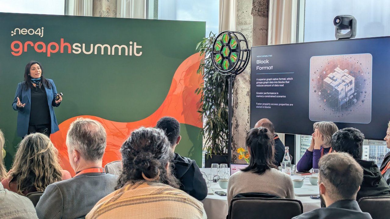 Neha Bajwa presenting the Block Format slide at Neo4j GraphSummit Amsterdam 2025: graph data grouped into blocks to reduce the amount of data read