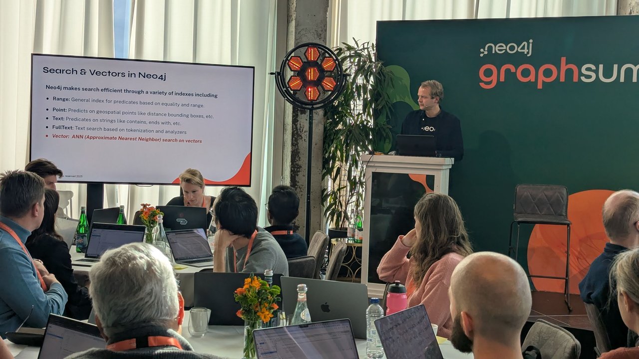 Search and Vectors in Neo4j slide at GraphSummit Amsterdam 2025 covering range, point, text, full-text and vector indexes