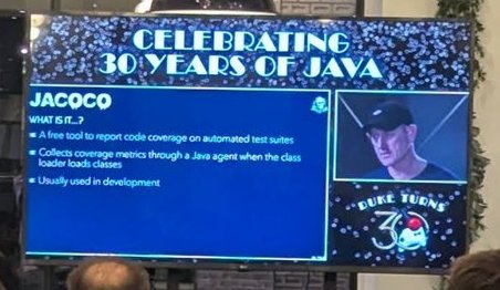JaCoCo slide from the Celebrating 30 Years of Java talk: a free tool to report code coverage on automated test suites, using a Java agent