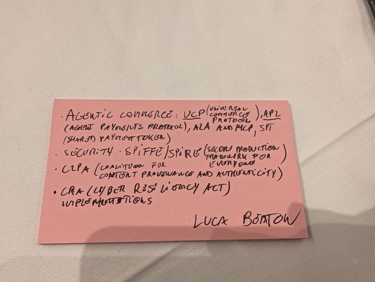 My UnConference topic card: agentic commerce, SPIFFE/SPIRE, C2PA and CRA