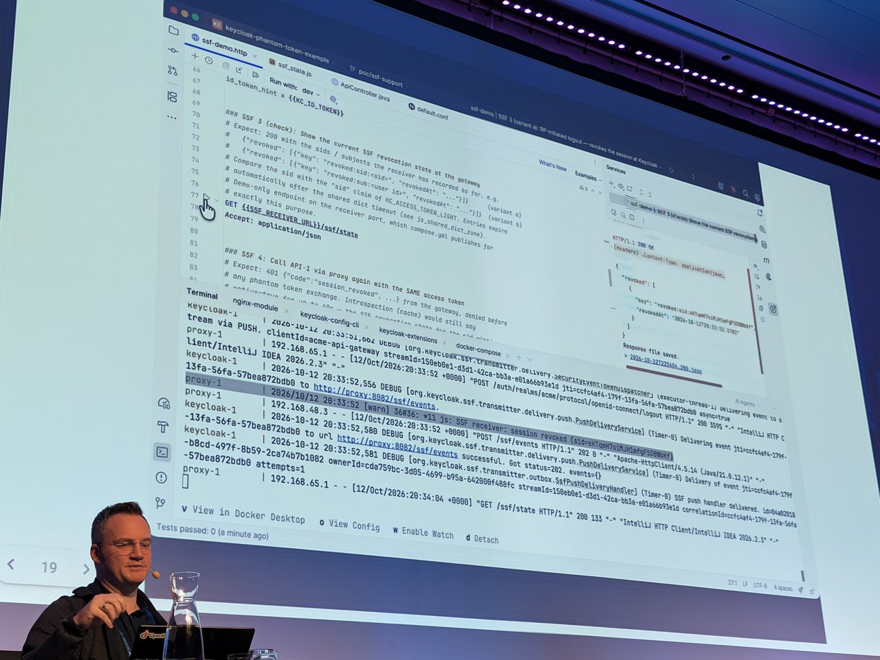 The live demo: Keycloak pushes the SET and the gateway logs the revoked session