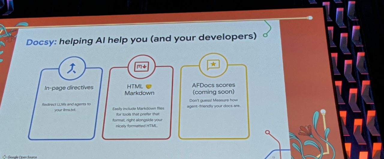Slide: Docsy helping AI help you, in-page directives, HTML plus Markdown, AFDocs scores