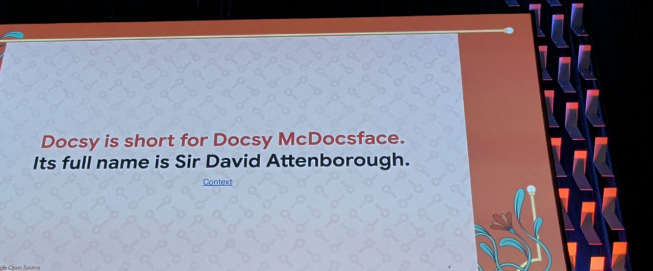Slide: "Docsy is short for Docsy McDocsface. Its full name is Sir David Attenborough."