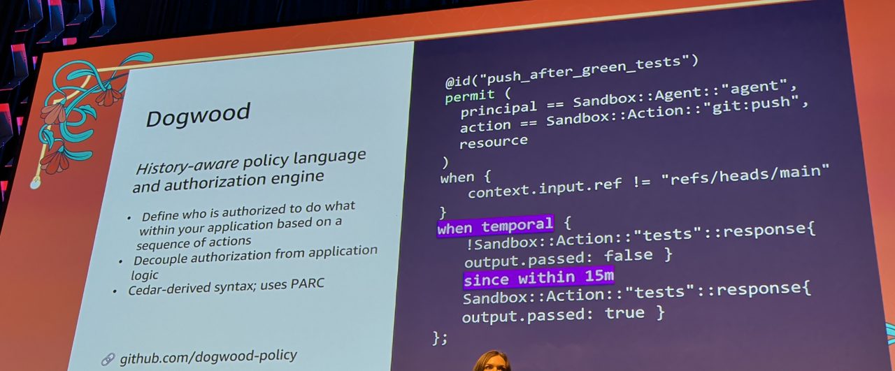 Slide: Dogwood, a history-aware policy language, example policy push_after_green_tests