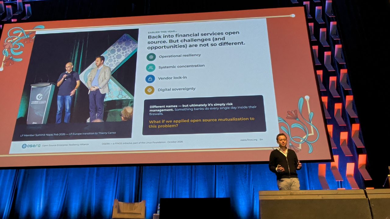 Financial services open source collaboration slide photographed at Open Source Summit Europe Prague 2026