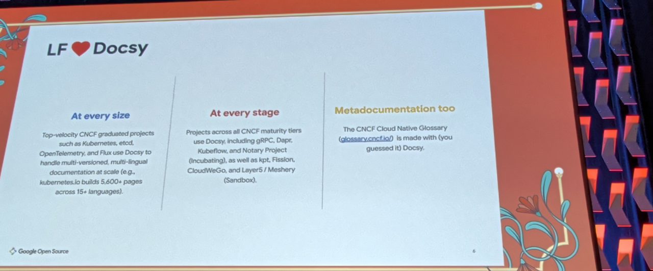 Slide: LF loves Docsy, at every size, at every stage, metadocumentation too
