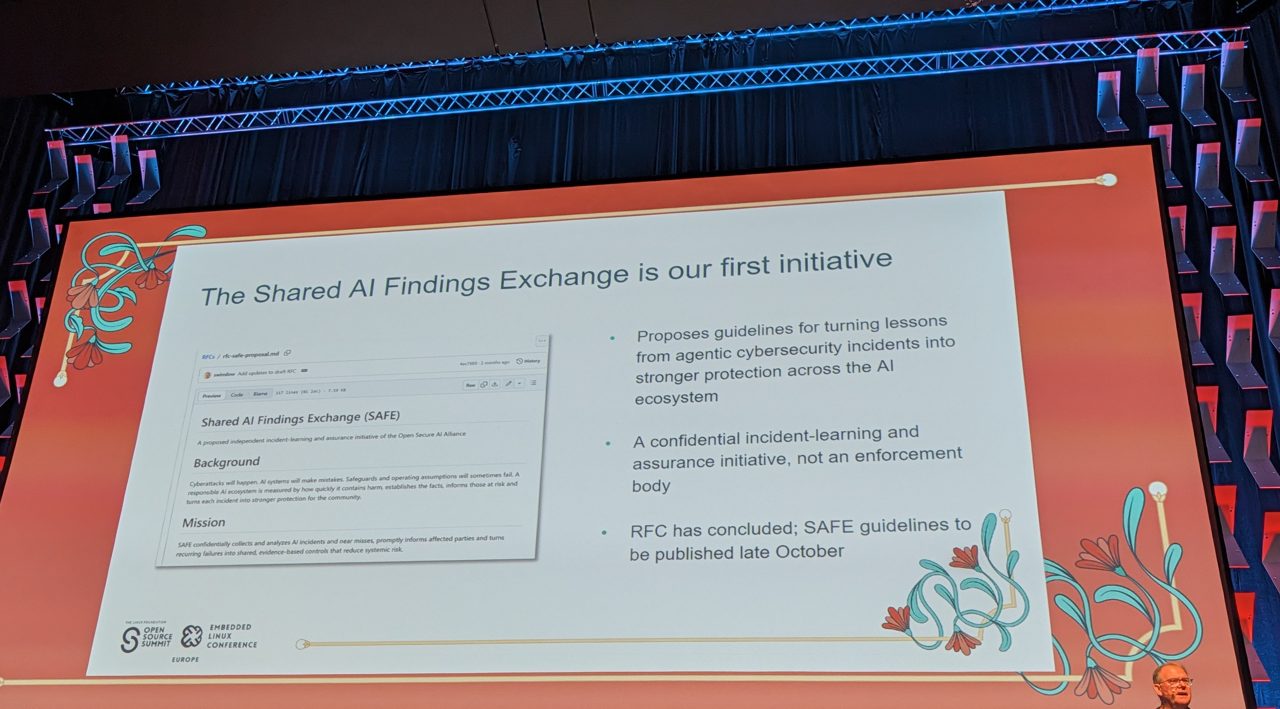 Slide: the Shared AI Findings Exchange is the first initiative of the Open Secure AI Alliance
