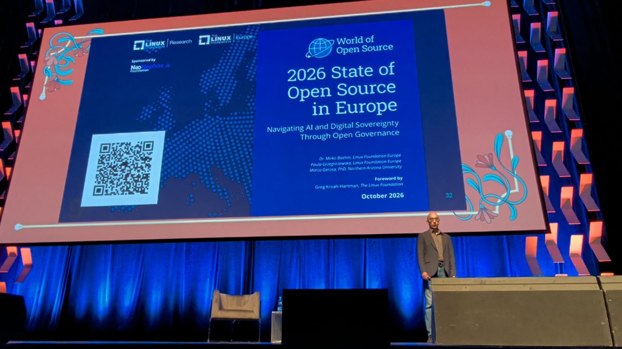 Luca Berton's photograph of the 2026 State of Open Source in Europe keynote slide at Open Source Summit Prague